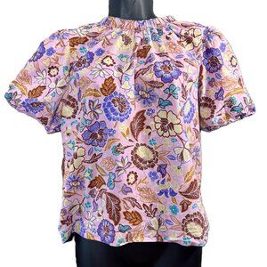 Ann Taylor Small Petite Floral Puff Sleeve Tie High Neck Top Cottagecore Keyhole